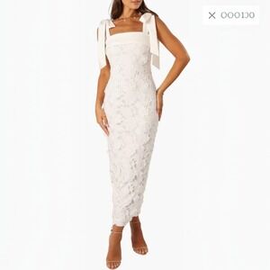 White Lace Midi Dress with Tie-Shoulder Straps